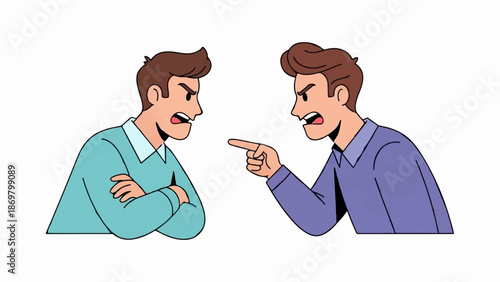 Two men in disagreement, one with arms crossed, the other pointing aggressively