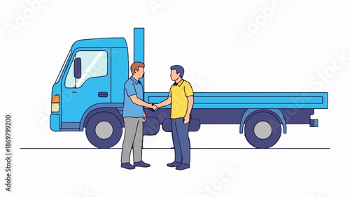 Two men shake hands in front of a blue flatbed truck