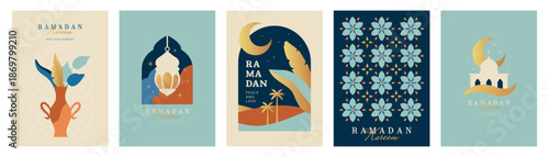 Set of Ramadan Kareem greeting card designs in modern minimalist style, featuring crescent moon silhouette, lantern, boho vase with leaves, and mosque in pastel colors, vector illustration.