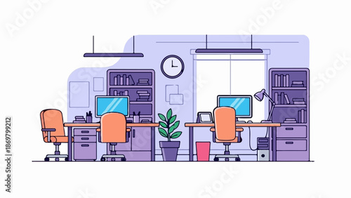 Two modern office workstations with computers, chairs, and bookshelves