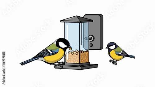 Two small birds eating seeds from a feeder hanging on a wall