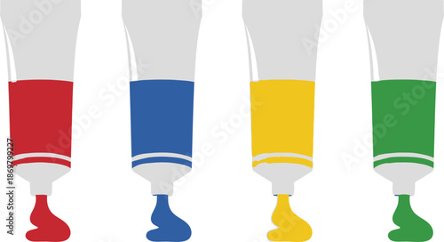 Flat vector set of 4 paint tube colors red blue yellow and green artists paint tubes squeezed