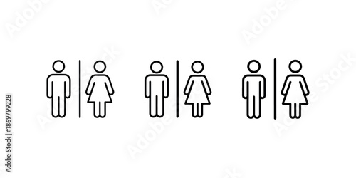Three pairs of male and female icons with dividers, representing public restroom signs