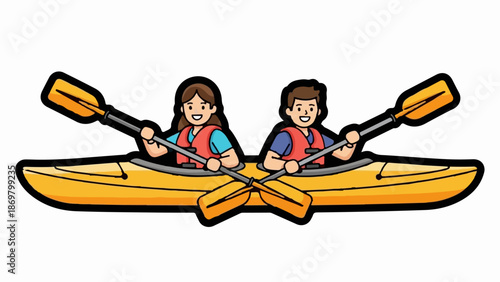 Two smiling cartoon people in a yellow kayak, wearing life vests and holding paddles