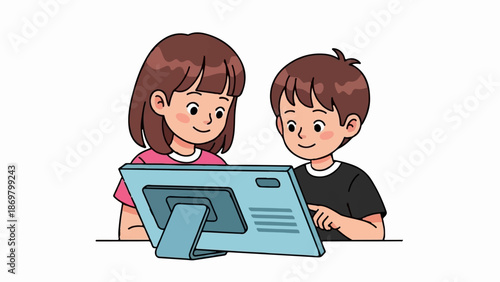 Two smiling children, a girl and a boy, look at a blue tablet