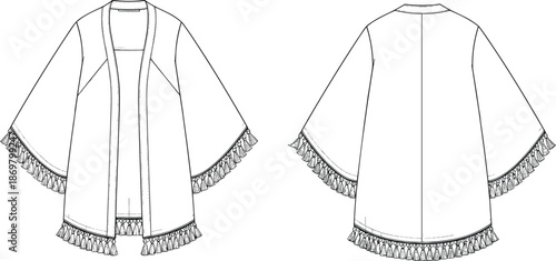 Womens, oversized, open, front, kimono, cardigan, technical, fashion, flat, sketch, front, and, back, view, with, tassel, fringe, trim, mockup, template.Womens, oversized, open, front, kimono