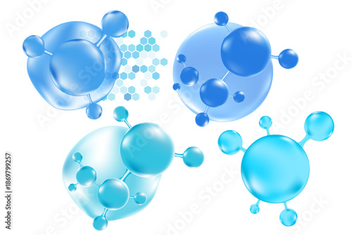 Blue 3D water hyaluronic acid molecule icon isolated, transparent PNG. Liquid collagen serum formula. Cosmetic moisturizer product. Beauty science molecular concept