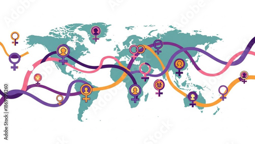 Global connections and equality symbols on a world map with colorful lines and gender icons
