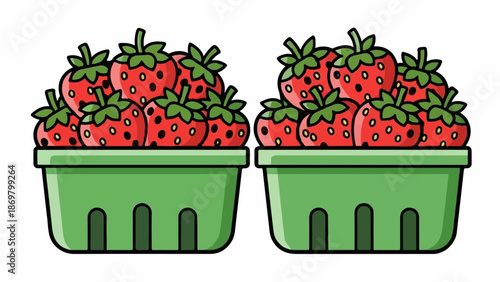 Two green baskets overflowing with ripe red strawberries, each filled with many berries