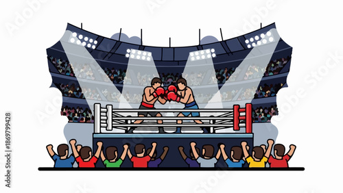 Two boxers clash in a brightly lit ring before a cheering crowd in a stadium