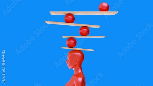 Realistic 3d art composition for social psychology, business in creative modern style. Female red head with balance geometric figures. Surreal abstract concept design. Bright fashion loop animation.