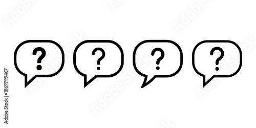 Four question mark icons, black line art, speech bubbles, help and support concept