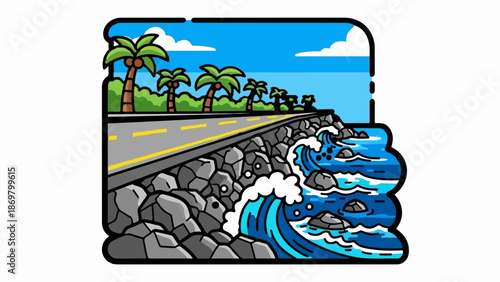 Tropical coastal road curves beside rocky shores with crashing ocean waves