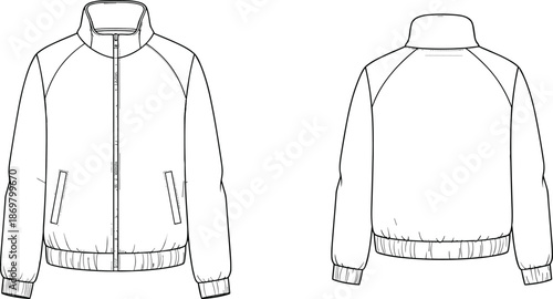 Womens, zip, up, puffer, jacket, technical, fashion, flat, sketch, front, and, back, view, white, blank, mockup, template, outerwear, apparel, vector.