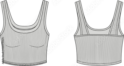 Womens, sleeveless, ribbed, knit, crop, top, technical, fashion, flat, sketch, front, and, back, view, white, mockup, template, apparel, vector, design.