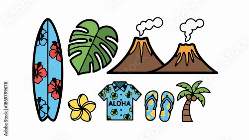Tropical island elements surfboard, leaf, volcanoes, shirt, flip-flops, flower, palm tree
