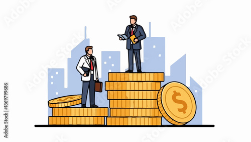 Two businessmen stand on stacks of gold coins with a city skyline
