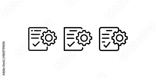 Set of three document checklist and gear icons representing settings approval process or tasks
