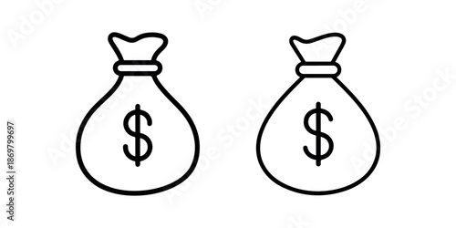 Two outline money bags with dollar signs representing wealth savings finance and banking concept