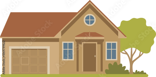 Suburban family house illustration isolated on white background, cozy residential home exterior with garage, front yard and trees for real estate