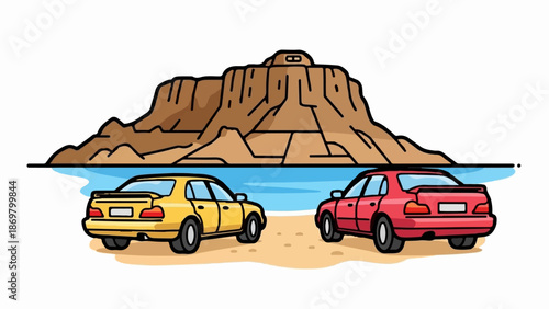 Two cars parked by a beach with a large mountain in the background