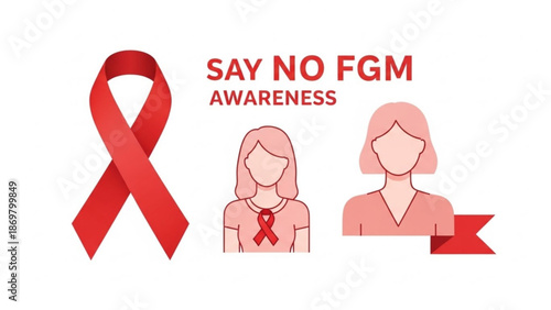 Awareness campaign for female genital mutilation fgm with red ribbon and women illustrations