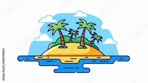 Tropical island paradise with palm trees and clouds in blue water