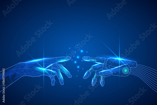 Glowing polygonal human and robotic hands reaching toward each other in a dark blue digital space. Symbolizes AI, technology, and human-machine collaboration. Perfect for futuristic and innovation vis