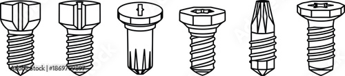 Line art vector set of 6 screw drive types phillips slot hex torx pozidriv and square drive heads