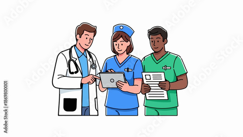 Three medical professionals collaborate on a digital tablet and chart