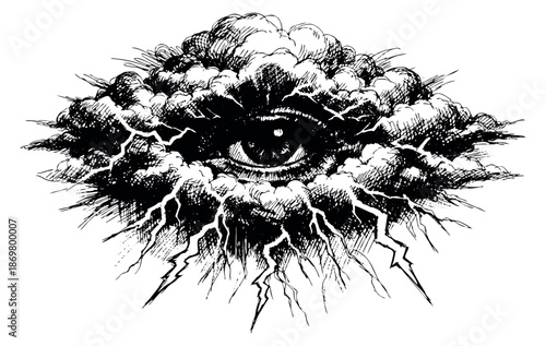 Hand drawn illustration of a mystical eye depicting a watchful gaze amidst stormy clouds with lightning for spiritual and occult themes