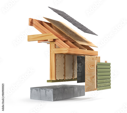 House Wall Cross Section with Roof Structure and Insulation Layers