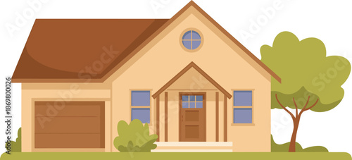 Suburban family house illustration isolated on white background, cozy residential home exterior with garage, yard and tree for real estate