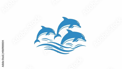 Three leaping blue dolphins frolic in stylized aqua waves