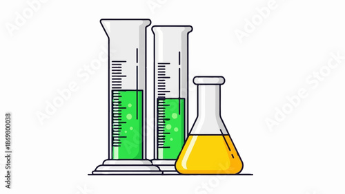 Three lab vessels with colored liquids