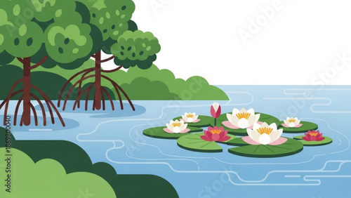 A serene landscape of a pond with water lilies and mangrove trees on a sunny day