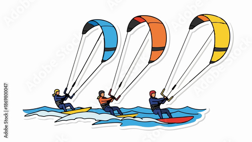 Three kite surfers in colorful wetsuits glide on boards across blue waves