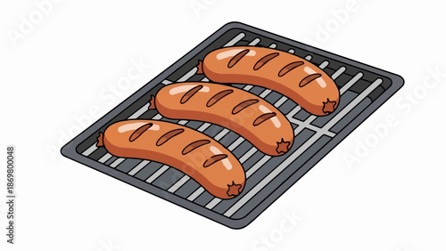 Three juicy sausages cooking on a grill