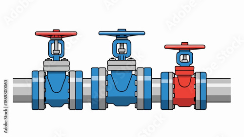Three industrial valves connected by piping, two blue, one red