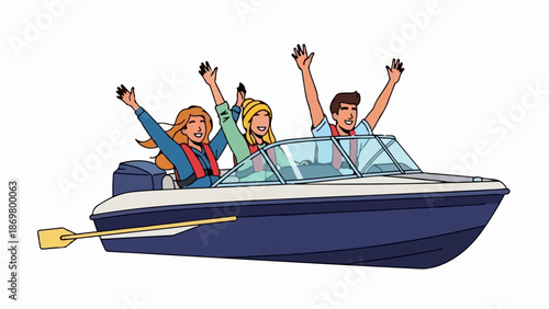 Three joyful people in a boat with arms raised, enjoying a water excursion