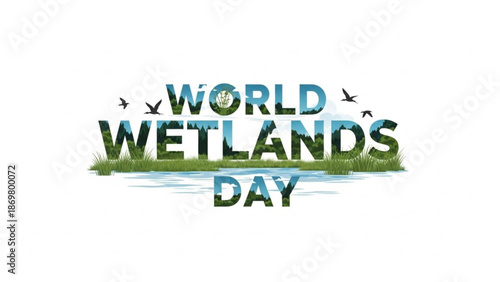 World wetlands day logo with birds flying over water and green grassy landscape