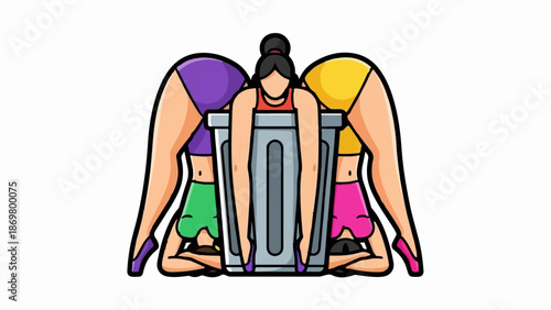 Three individuals in athletic poses, facing away from viewer, with legs up