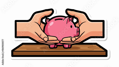 Two hands cradling a pink piggy bank atop a wooden surface