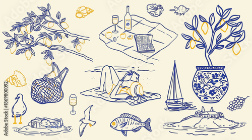 Italian summer vacation doodle style illustration set with hand drawn ink vector elements of Italy coast, sea and beach, seaside weekend rest artwork for beach party, picnic and wedding invitations