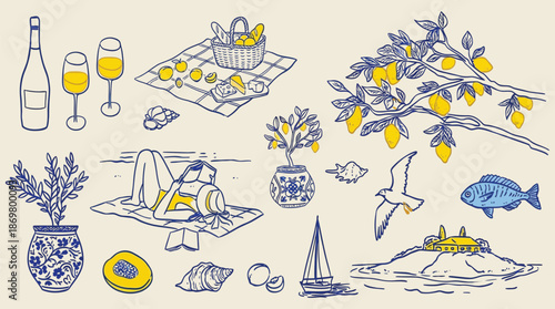 Italian summer vacation doodle style illustration set with hand drawn ink vector elements of Italy coast, sea and beach, seaside weekend rest artwork for beach party, picnic and wedding invitations