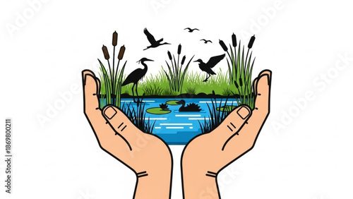 Hands cradling a serene wetland ecosystem with birds and plants with conservation