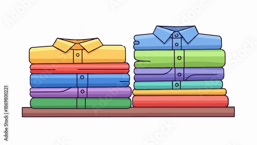 Two neat stacks of folded, colorful collared shirts on a wooden shelf