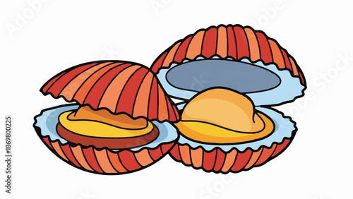 Two open shells containing colorful, plump seafood, on a white background