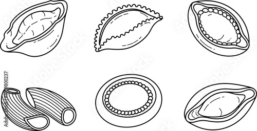 Outline illustration set of 6 filled pasta shapes ravioli tortellini agnolotti cappelletti and mezzelune