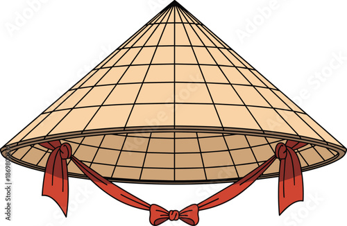 Traditional Asian conical hat illustration isolated on white background, bamboo straw hat with ribbon for culture, travel, heritage design use